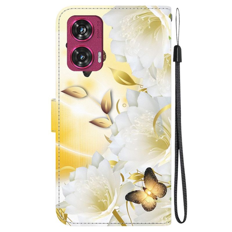 Folio-hoesje Motorola Edge 50 Fusion Gouden Vlinders En Witte Bloemen Met Riem