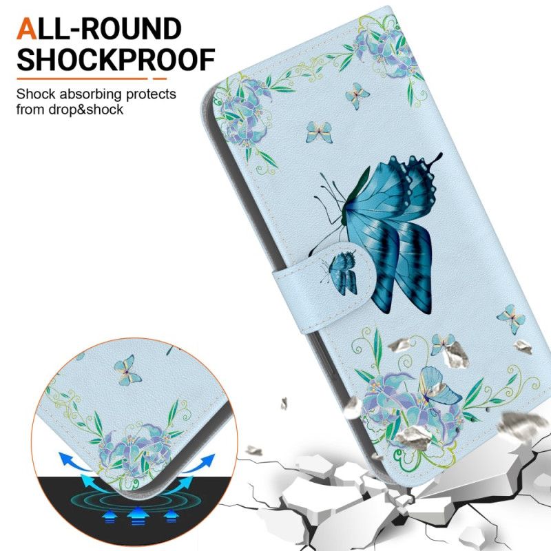 Folio-hoesje Motorola Edge 50 Fusion Telefoonhoesje Blauwe Vlinder En Bloemen Met Riempje