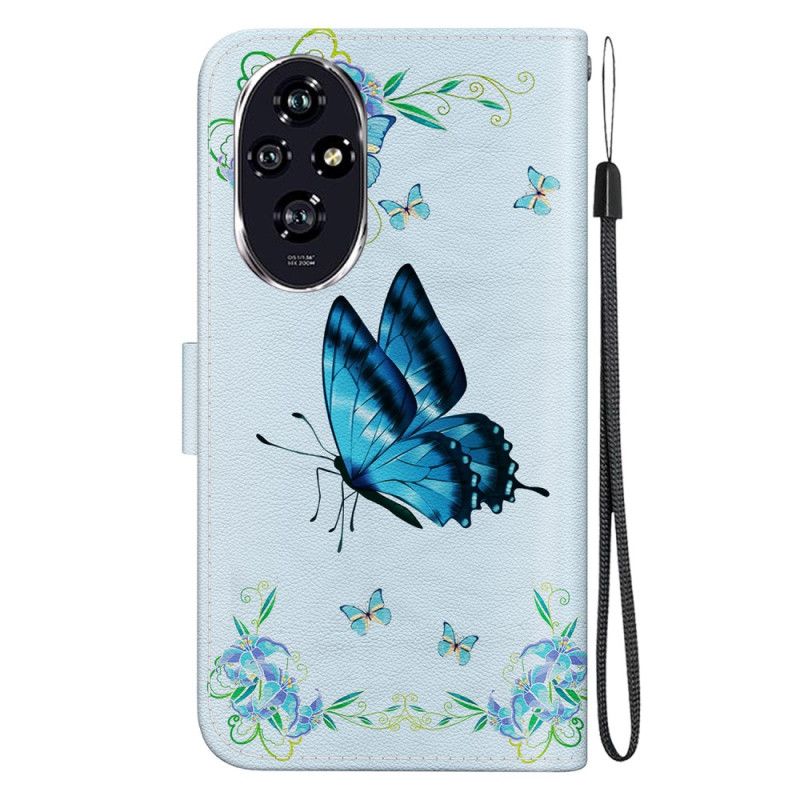 Folio-hoesje Honor 200 Telefoonhoesje Blauwe Vlinder En Bloemen Met Riempje