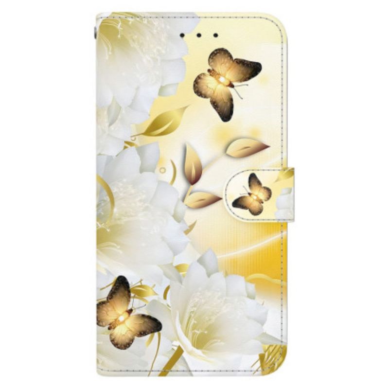 Folio-hoesje Honor 200 Telefoonhoesje Gouden Vlinders En Witte Bloemen Met Riem