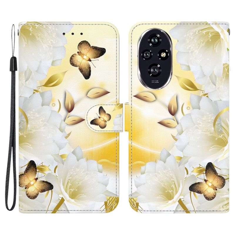 Folio-hoesje Honor 200 Telefoonhoesje Gouden Vlinders En Witte Bloemen Met Riem