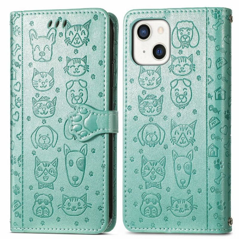 Flip Case Leren iPhone 13 Geanimeerde Dieren