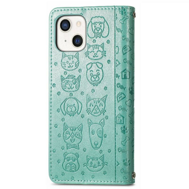 Flip Case Leren iPhone 13 Geanimeerde Dieren