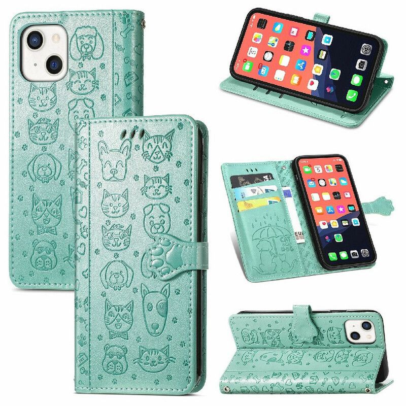 Flip Case Leren iPhone 13 Geanimeerde Dieren