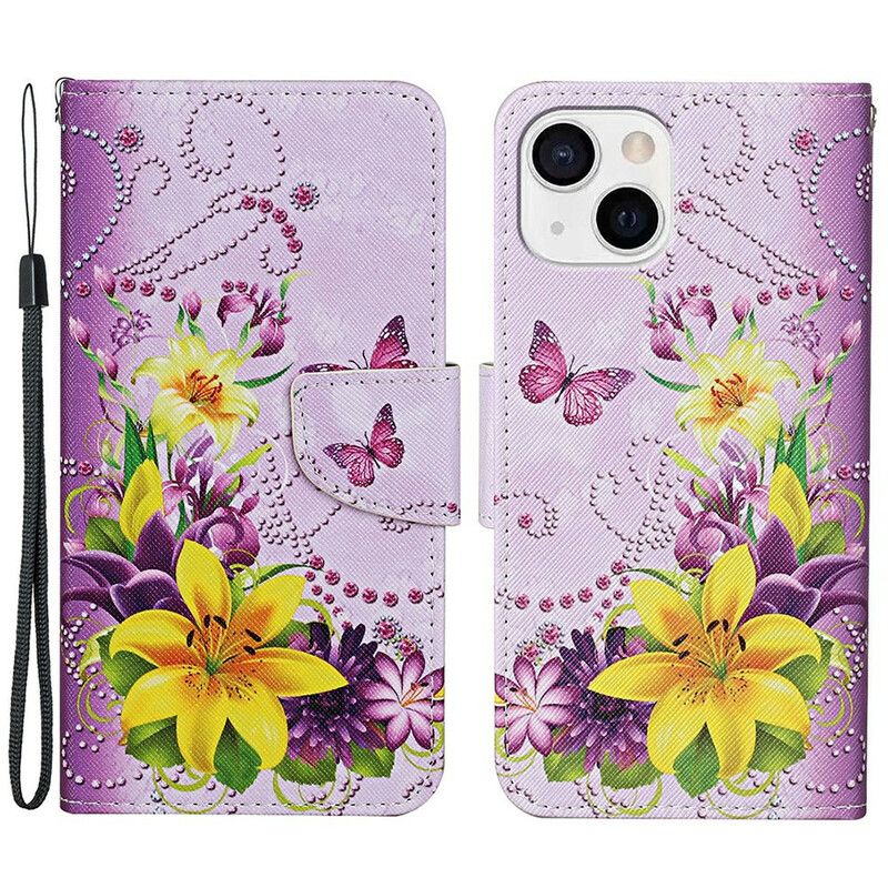 Flip Case Leren iPhone 13 Meesterlijke Bloemen Met Riem