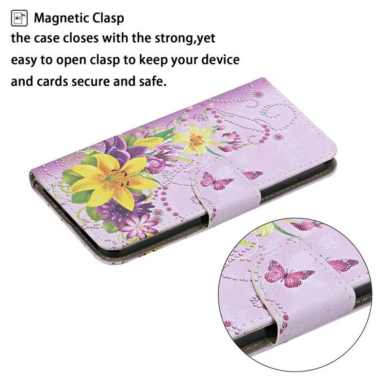 Flip Case Leren iPhone 13 Meesterlijke Bloemen Met Riem