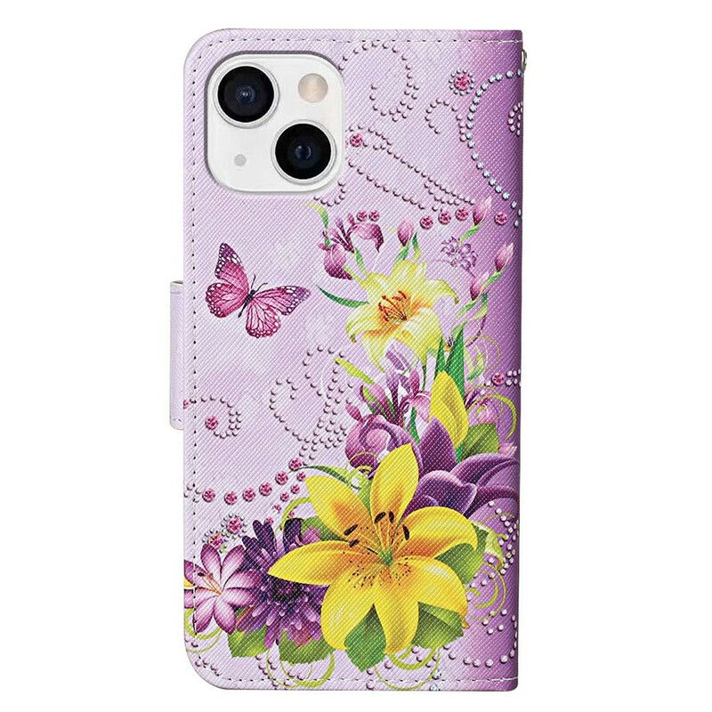 Flip Case Leren iPhone 13 Meesterlijke Bloemen Met Riem