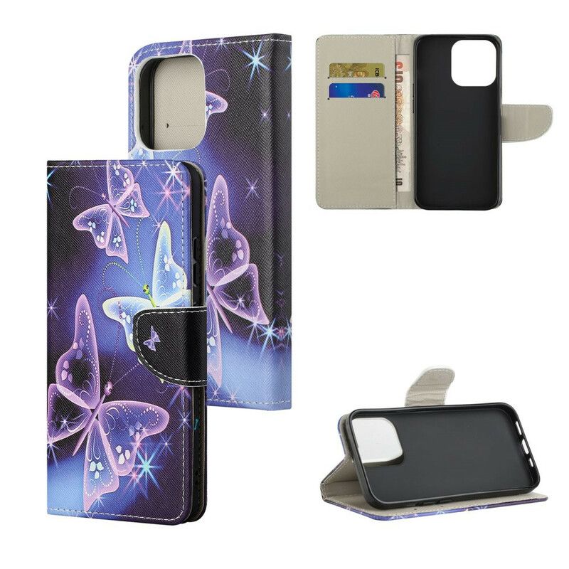 Flip Case Leren iPhone 13 Moderne Vlinders