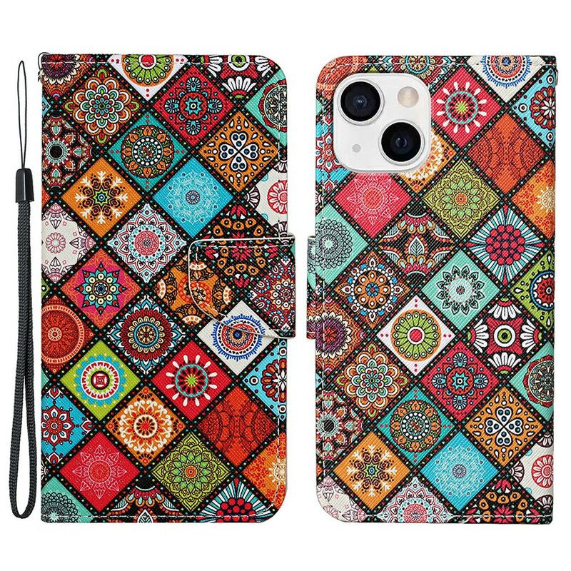 Flip Case Leren iPhone 13 Patchwork-mandala's Met Koord