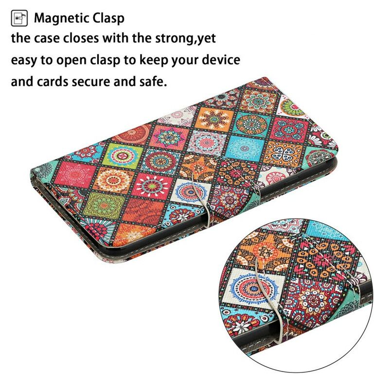 Flip Case Leren iPhone 13 Patchwork-mandala's Met Koord