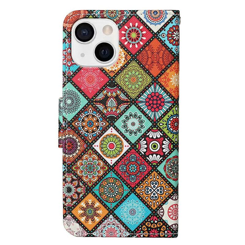 Flip Case Leren iPhone 13 Patchwork-mandala's Met Koord