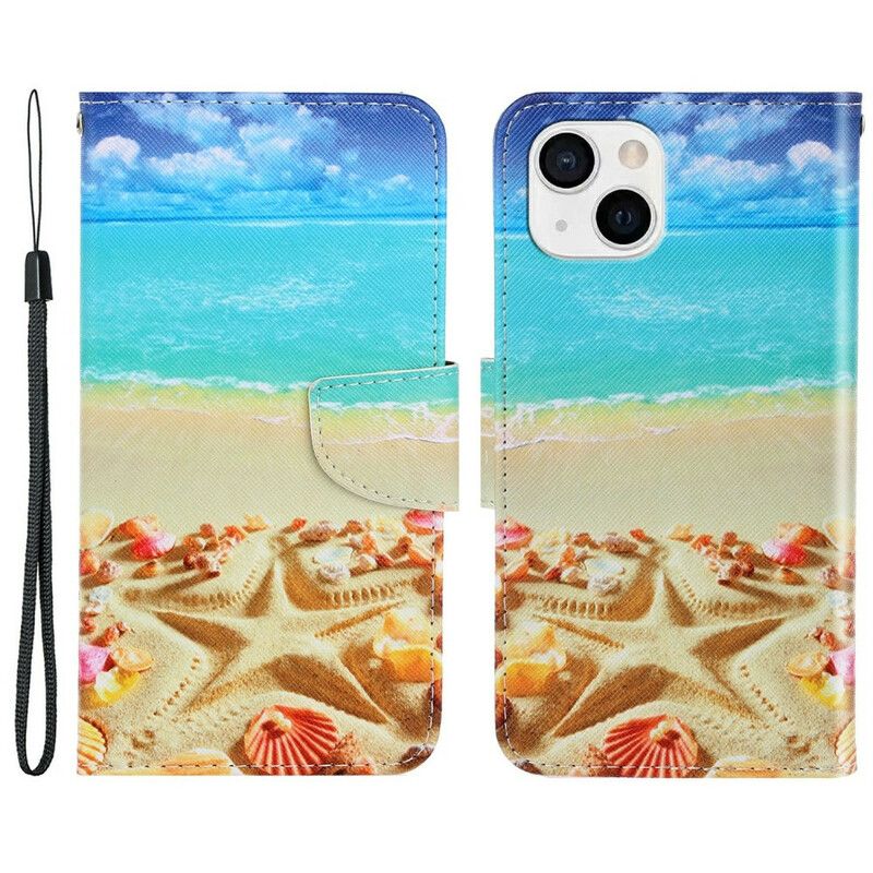 Flip Case Leren iPhone 13 Strappy Beach