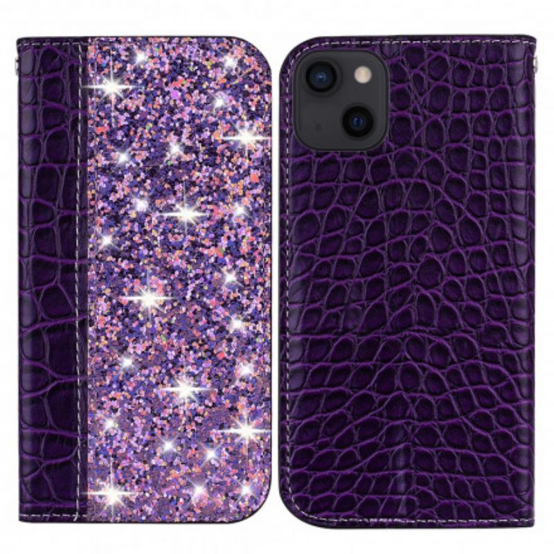 Folio-hoesje iPhone 13 Krokodillenleer En Glittereffect