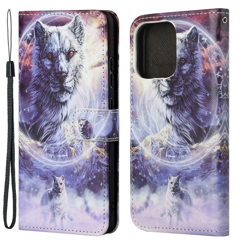 Folio-hoesje iPhone 13 Wolf In Winter Met Lanyard