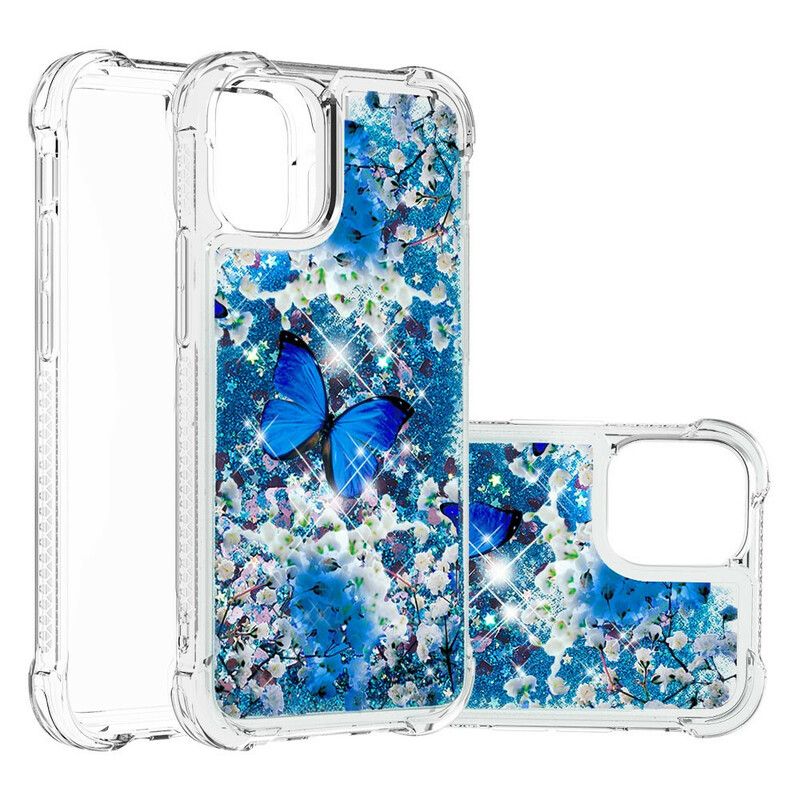 Hoesje iPhone 13 Blauwe Glittervlinders