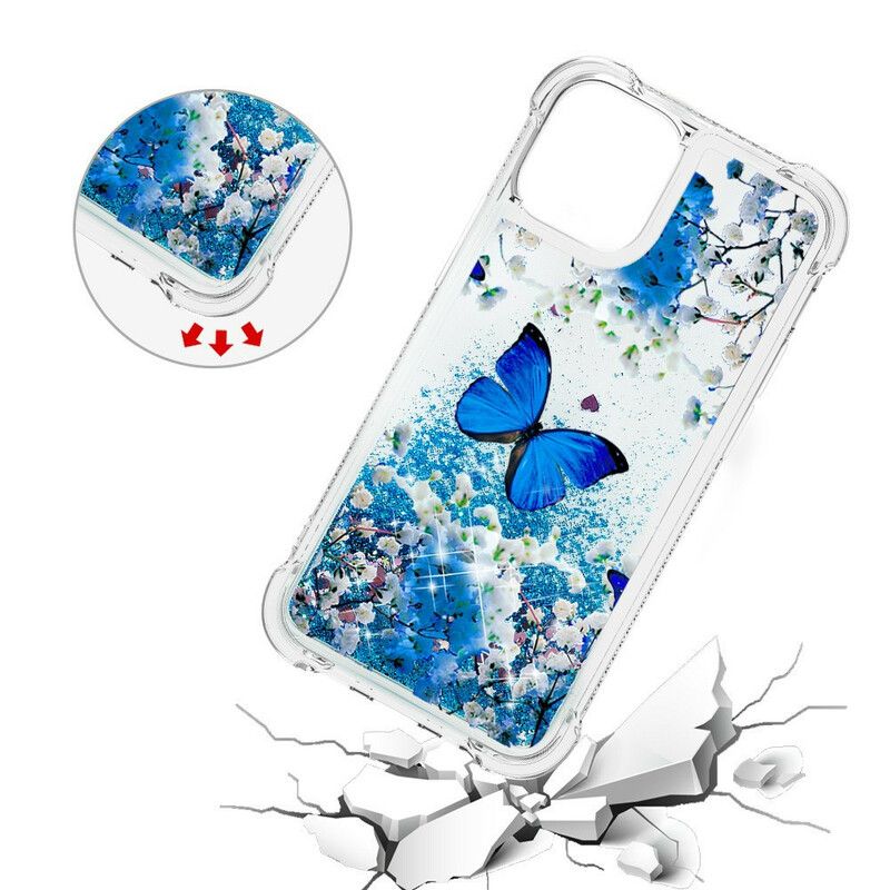 Hoesje iPhone 13 Blauwe Glittervlinders