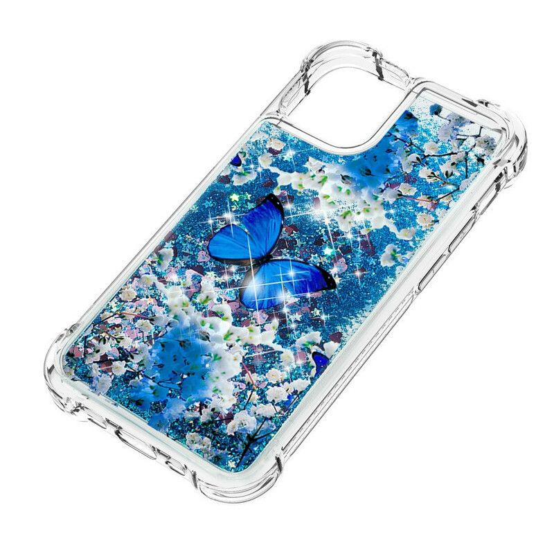 Hoesje iPhone 13 Blauwe Glittervlinders