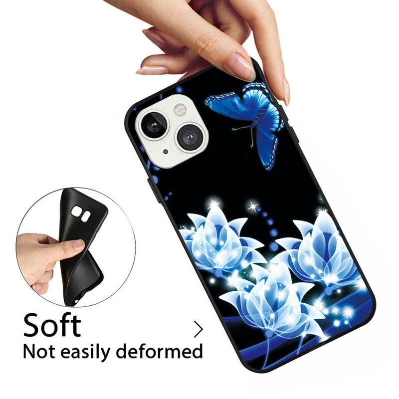 Hoesje iPhone 13 Vlinder En Blauwe Bloemen