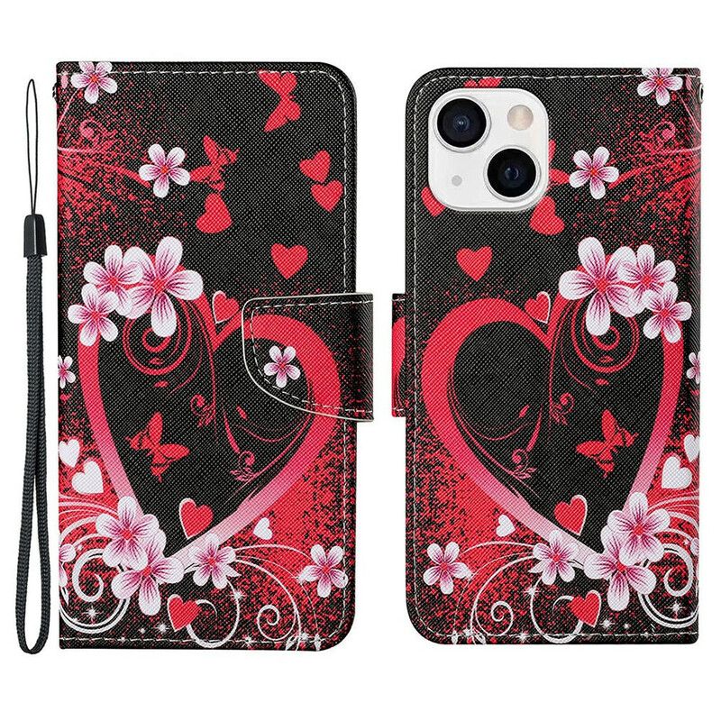 Leren Hoesje iPhone 13 Bloemen En Harten Met Lanyard Bescherming Hoesje