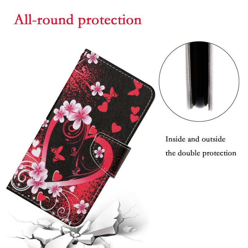 Leren Hoesje iPhone 13 Bloemen En Harten Met Lanyard Bescherming Hoesje