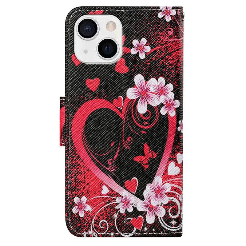 Leren Hoesje iPhone 13 Bloemen En Harten Met Lanyard Bescherming Hoesje