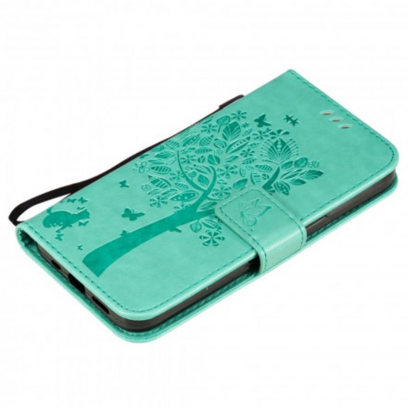 Leren Hoesje iPhone 13 Boom En String Kat Bescherming Hoesje