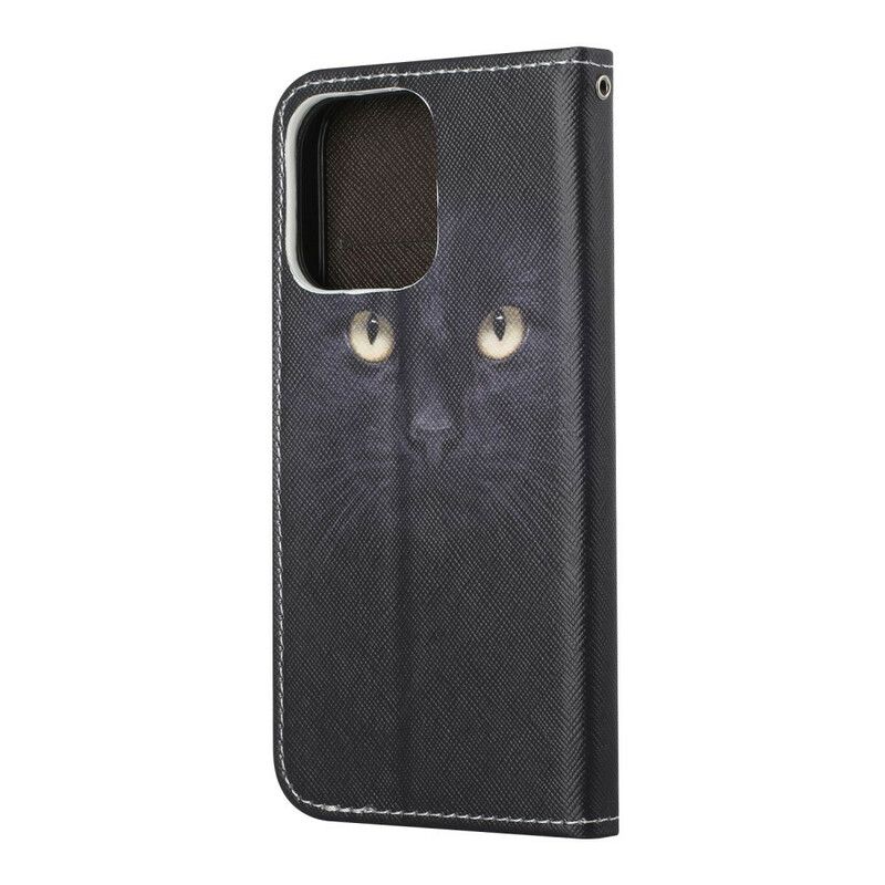 Leren Hoesje iPhone 13 Kattenogen Met Zwarte Bandjes Bescherming Hoesje