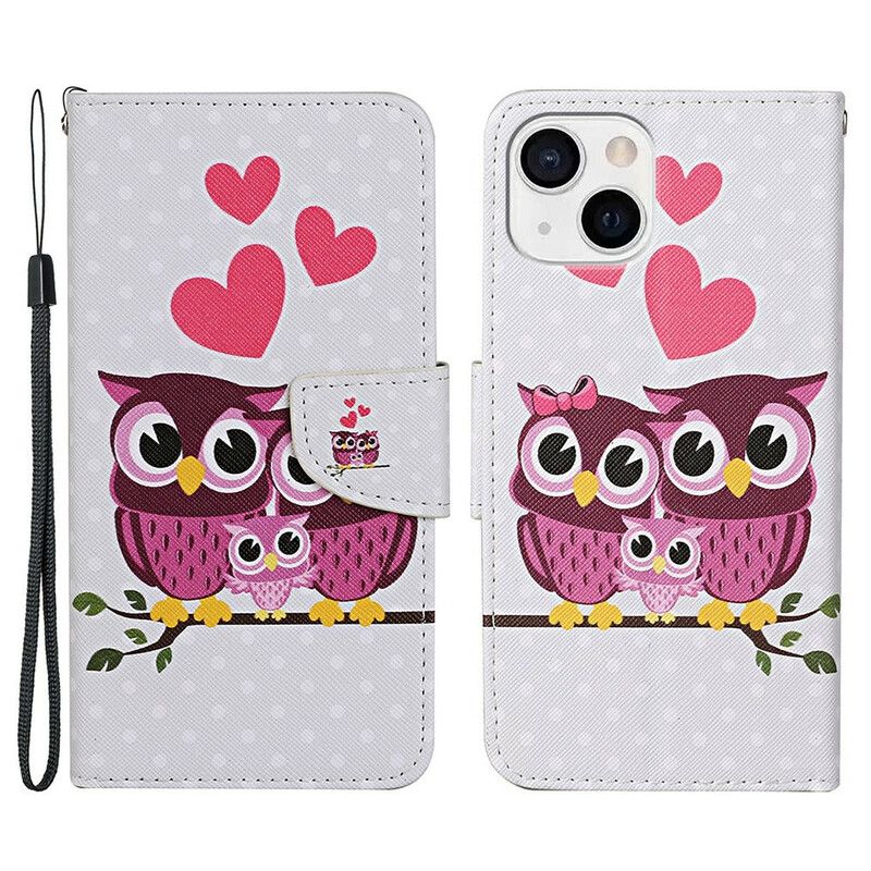 Leren Hoesje iPhone 13 Uil Familie Met Lanyard Bescherming Hoesje