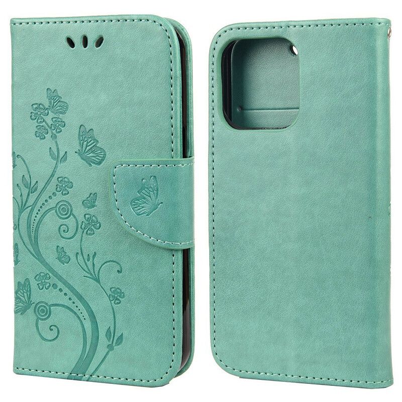 Leren Hoesje iPhone 13 Vlinders En Bloemen Bescherming Hoesje