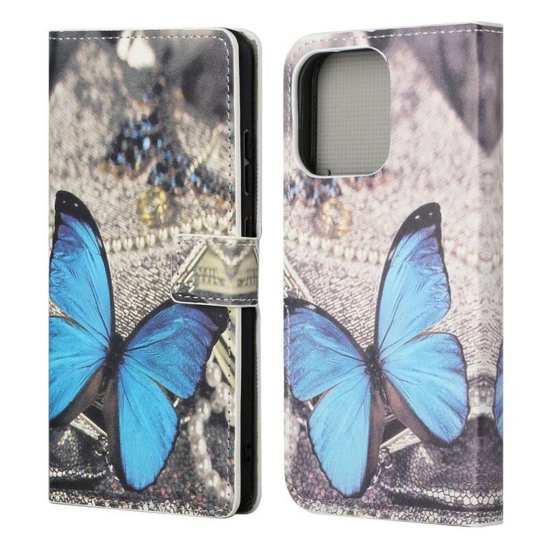 Leren Hoesje Voor iPhone 13 Blauwe Vlinder