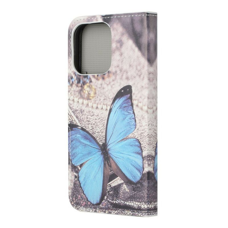 Leren Hoesje Voor iPhone 13 Blauwe Vlinder