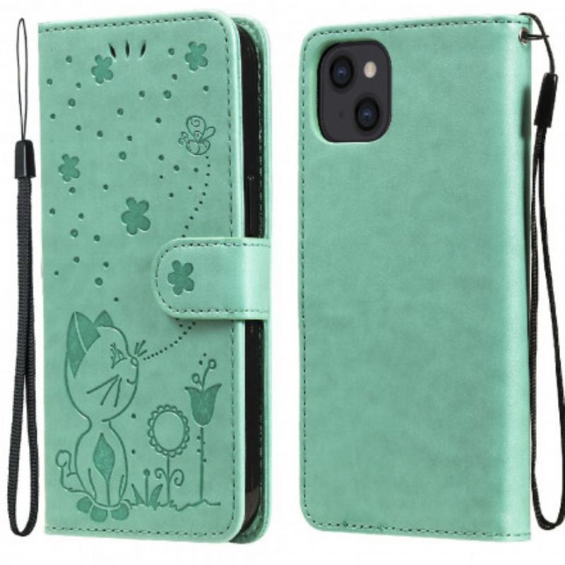 Leren Hoesje Voor iPhone 13 Kat En Bijen String