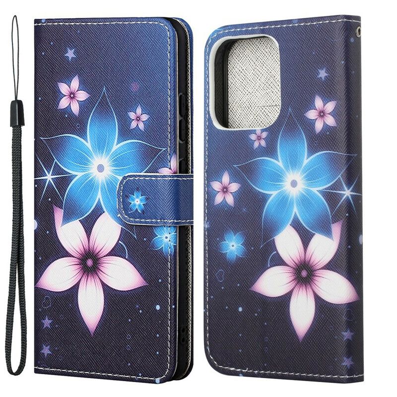 Leren Hoesje Voor iPhone 13 Maanbloemen Met Riem