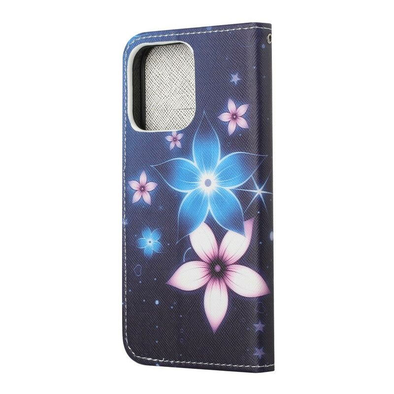 Leren Hoesje Voor iPhone 13 Maanbloemen Met Riem