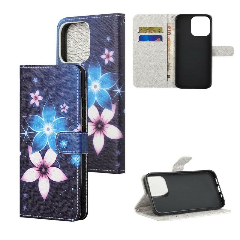 Leren Hoesje Voor iPhone 13 Maanbloemen Met Riem