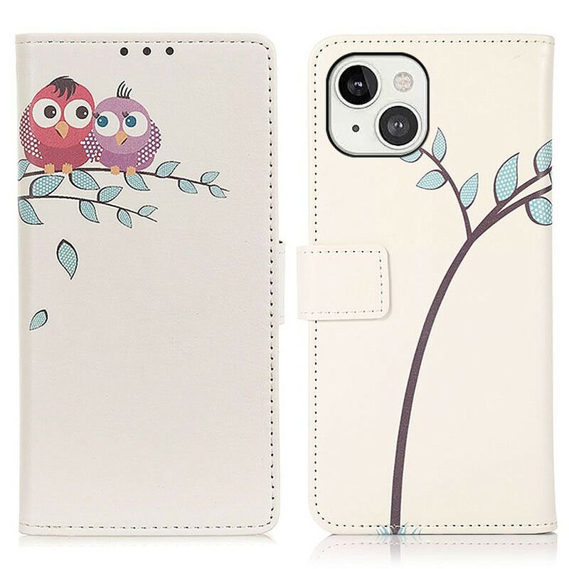 Leren Hoesje Voor iPhone 13 Paar Uilen In De Boom