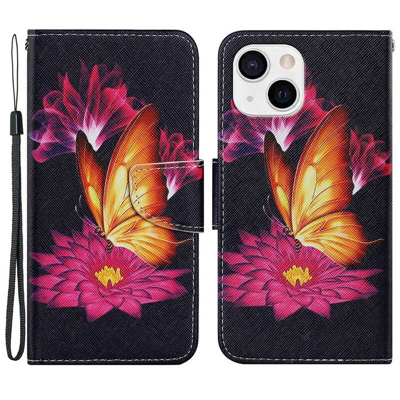 Leren Hoesje Voor iPhone 13 Vlinder En Lotus