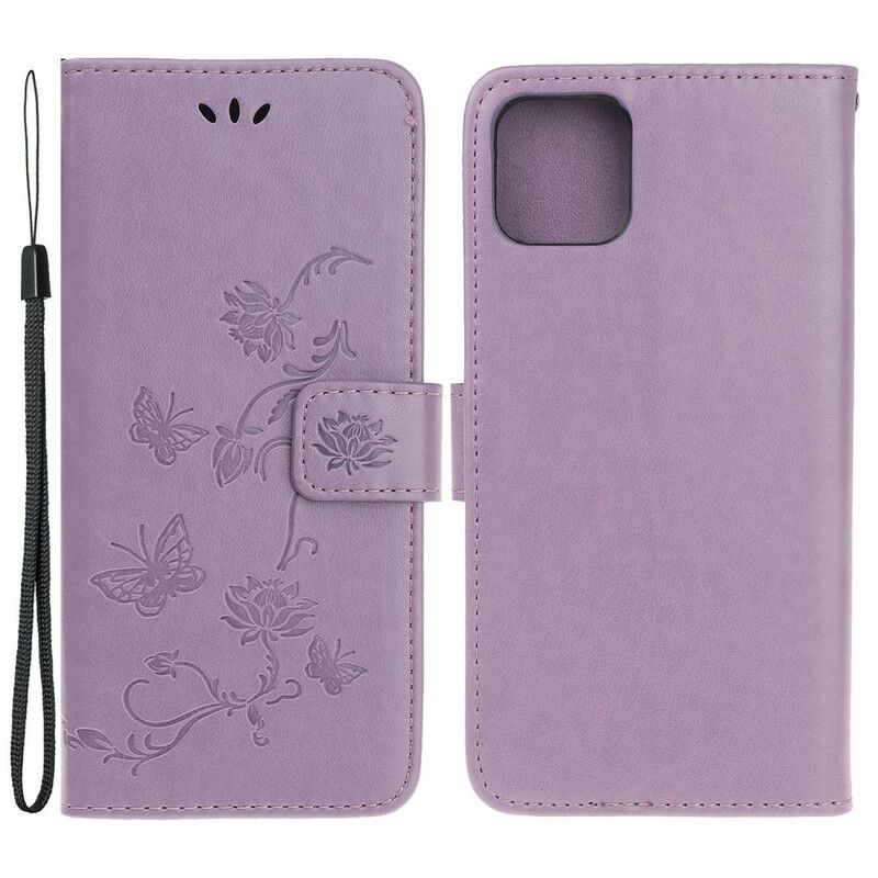 Leren Hoesje Voor iPhone 13 Vlinders En Bloemen Strappy