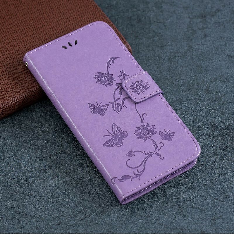 Leren Hoesje Voor iPhone 13 Vlinders En Bloemen Strappy