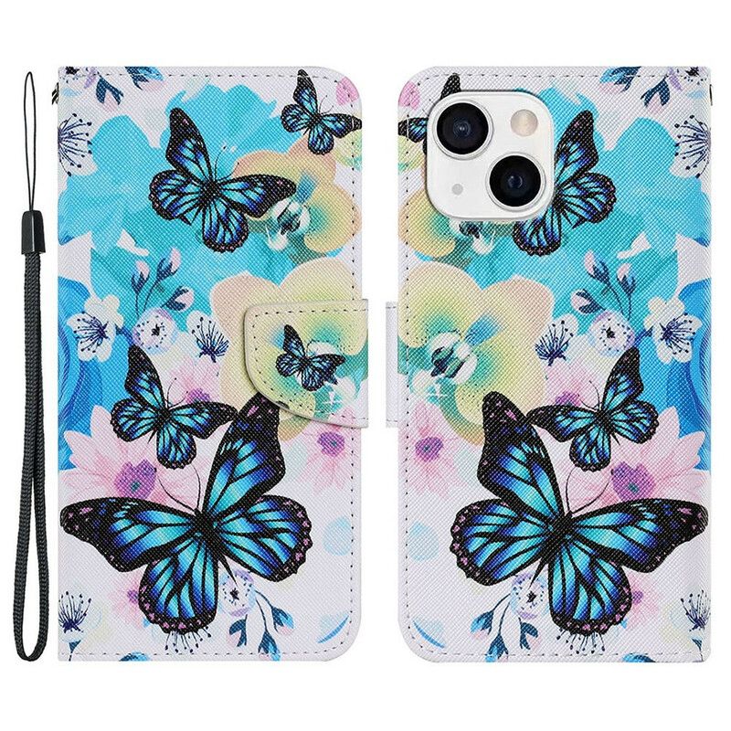 Leren Hoesje Voor iPhone 13 Vlinders En Zomerbloemen