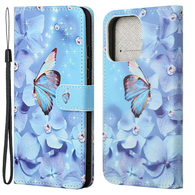 Leren Hoesje Voor iPhone 13 Vlinders Met Diamanten Bandjes