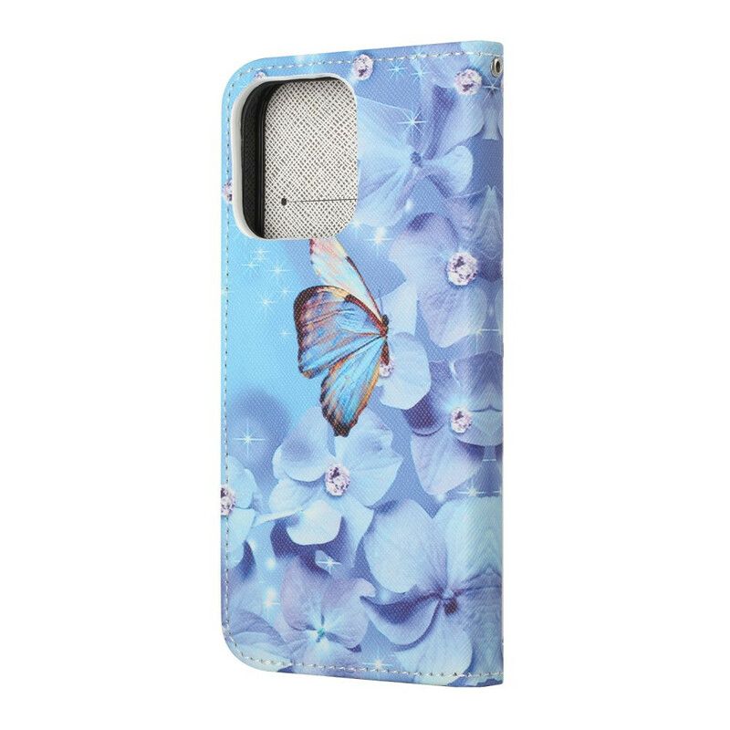 Leren Hoesje Voor iPhone 13 Vlinders Met Diamanten Bandjes