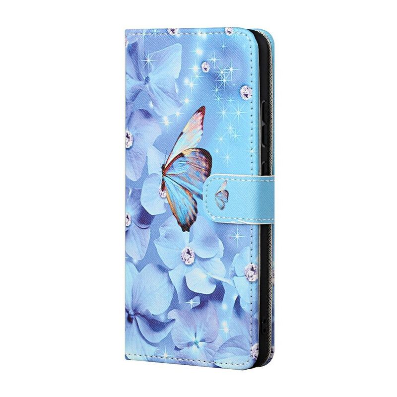 Leren Hoesje Voor iPhone 13 Vlinders Met Diamanten Bandjes