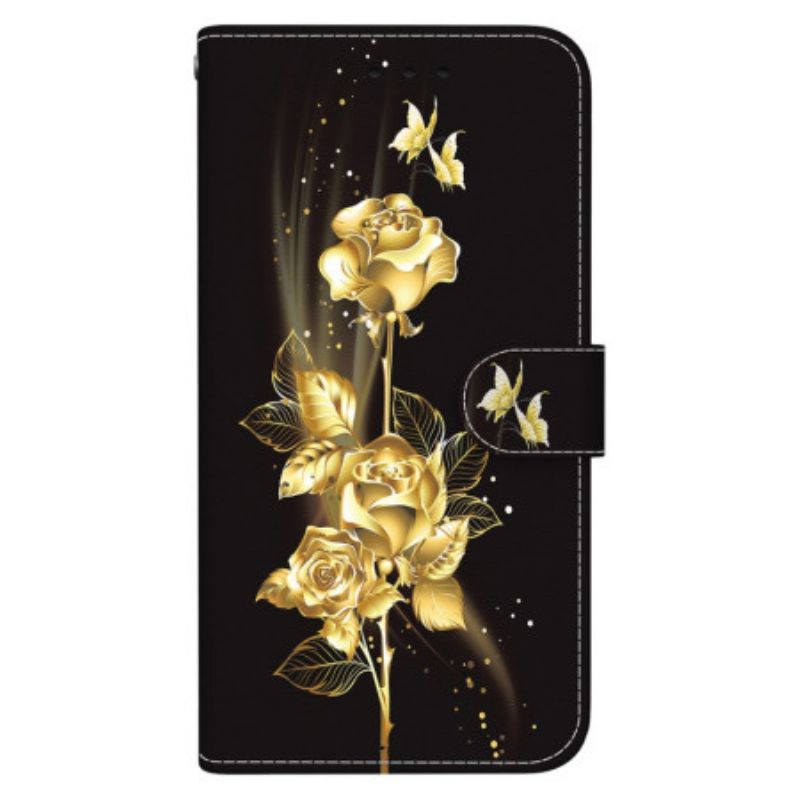 Flip Case Leren Oppo Reno 12f 5g Gouden En Roze Vlinders Met Riem