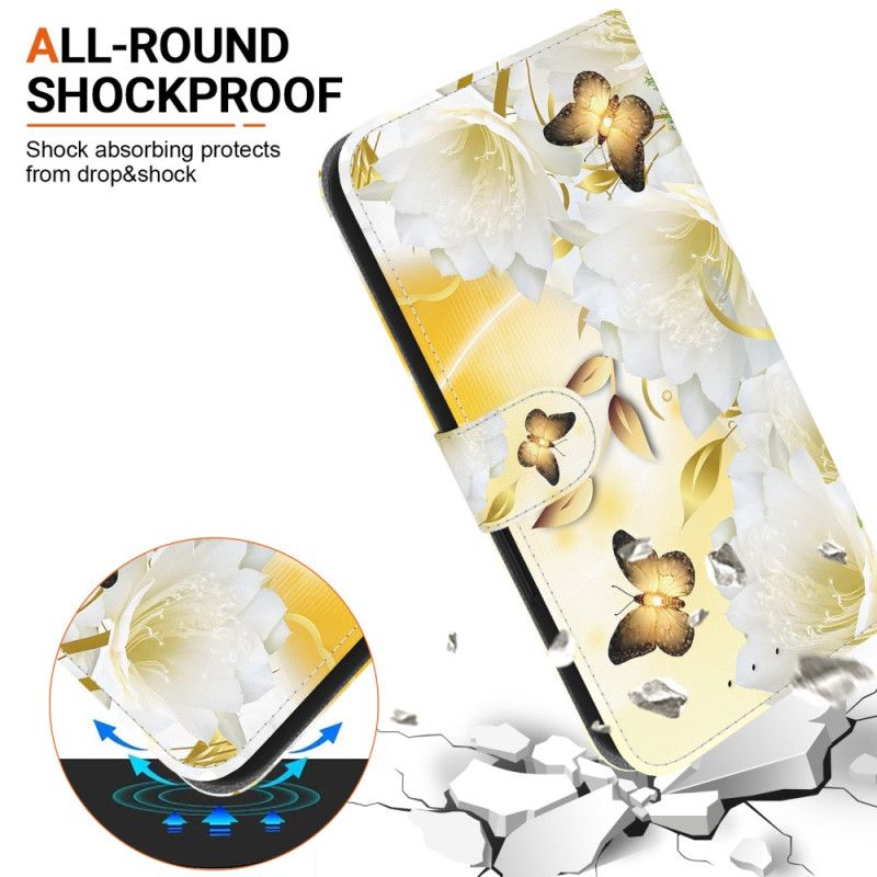 Flip Case Leren Oppo Reno 12f 5g Gouden Vlinders En Bloemen Met Riem