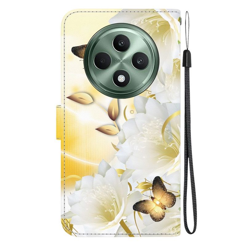 Flip Case Leren Oppo Reno 12f 5g Gouden Vlinders En Bloemen Met Riem