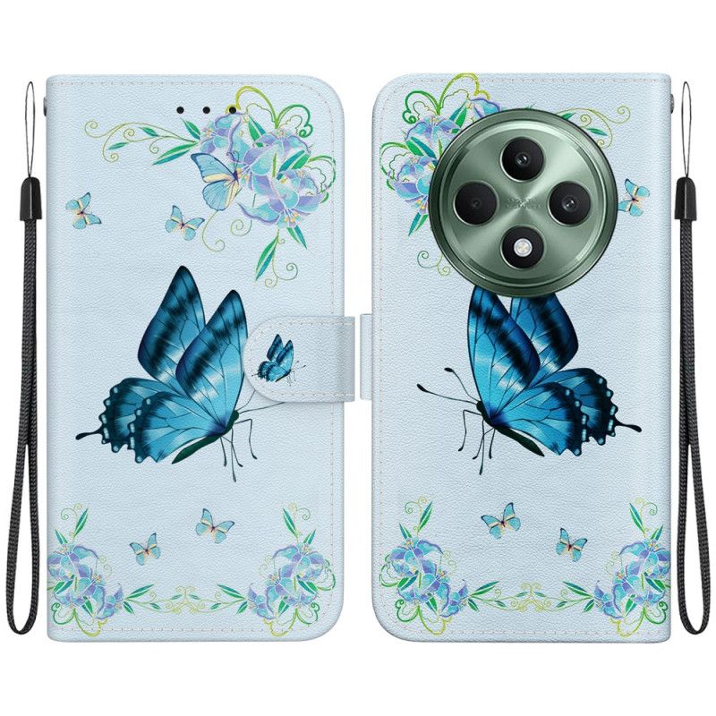 Leren Hoesje Oppo Reno 12f 5g Blauwe Vlinder En Bloemen Met Riempje Bescherming Hoesje