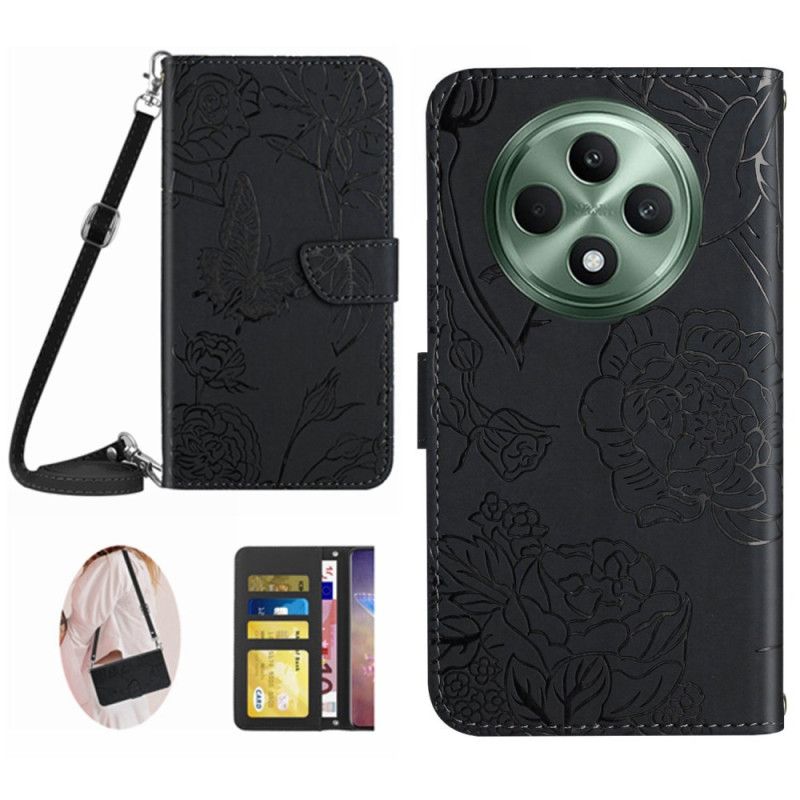 Leren Hoesje Oppo Reno 12f 5g Vlinderprint Met Schouderband Bescherming Hoesje