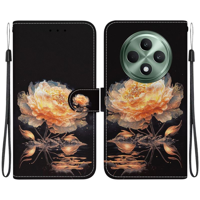 Leren Hoesje Voor Oppo Reno 12f 5g Gouden Pioen Met Riem