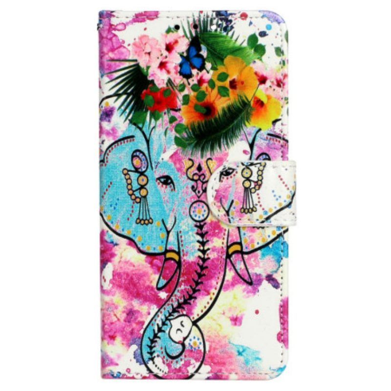 Folio-hoesje voor iPhone 15 Plus Met Ketting Aquarelolifant Met Draagkoord